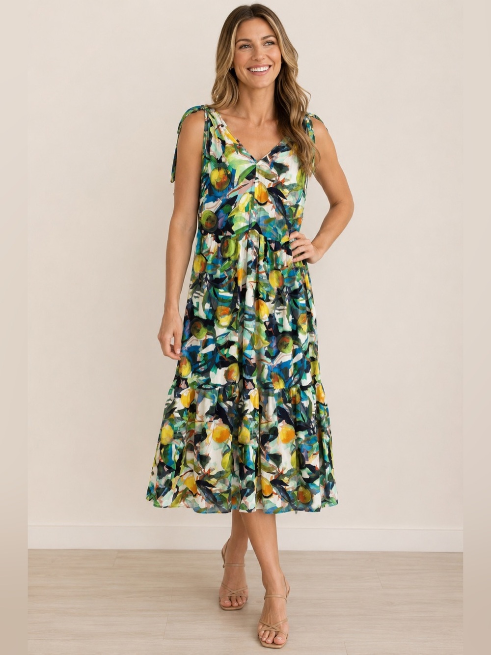 Dolcezza Art Smarts 100% Viscose Citrus Print Midi Dress Medium Boho Resort